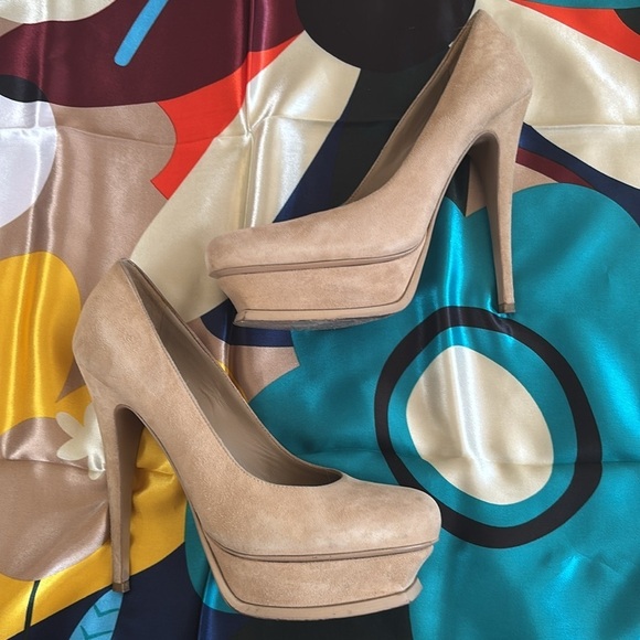 Yves Saint Laurent Suede Cream Platform Pumps Stiletto Heels Neutral Italy - Picture 9 of 16